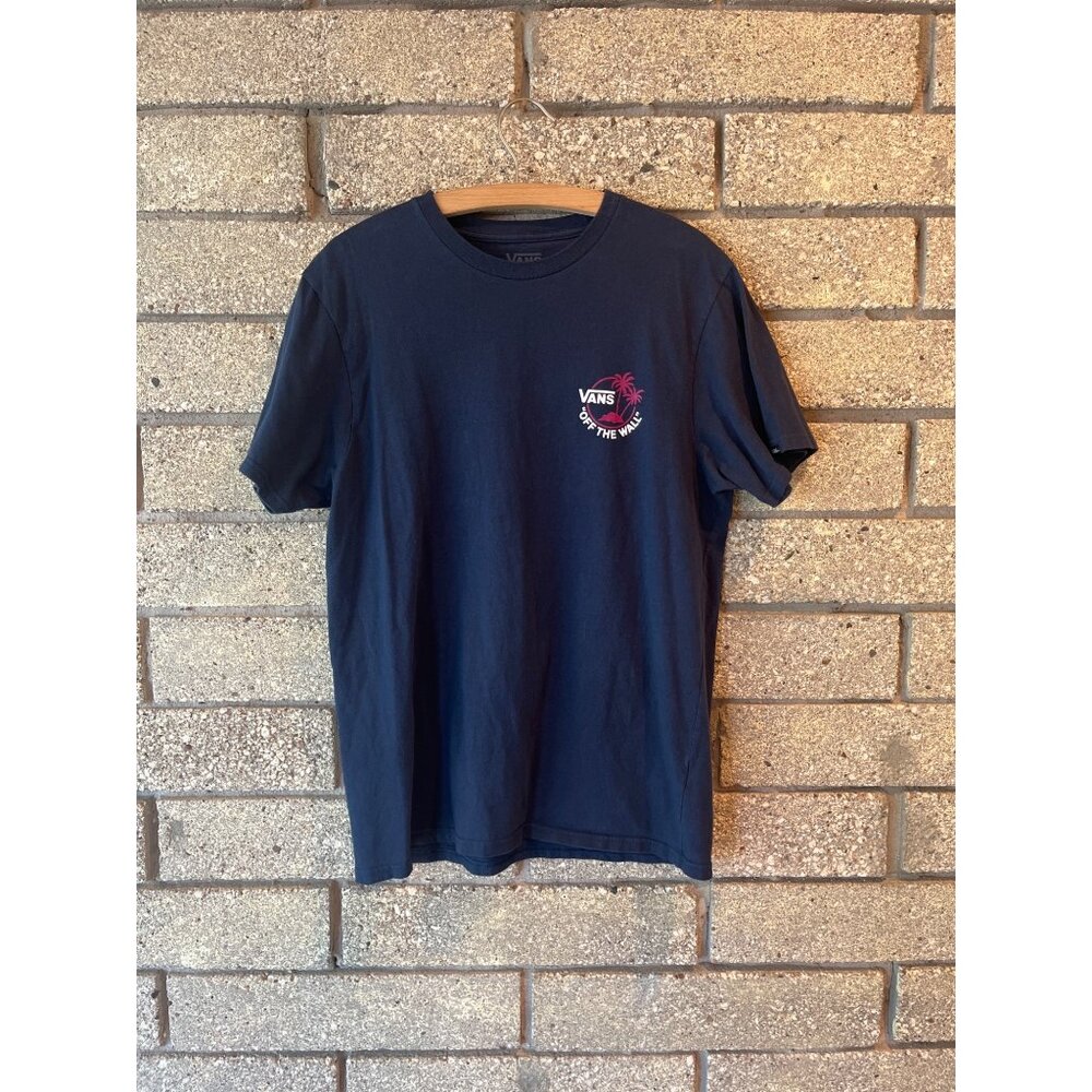 Vans "Off The Wall" Navy T-Shirt Medium Slim Fit 100% Cotton Pink Palm Graphic F